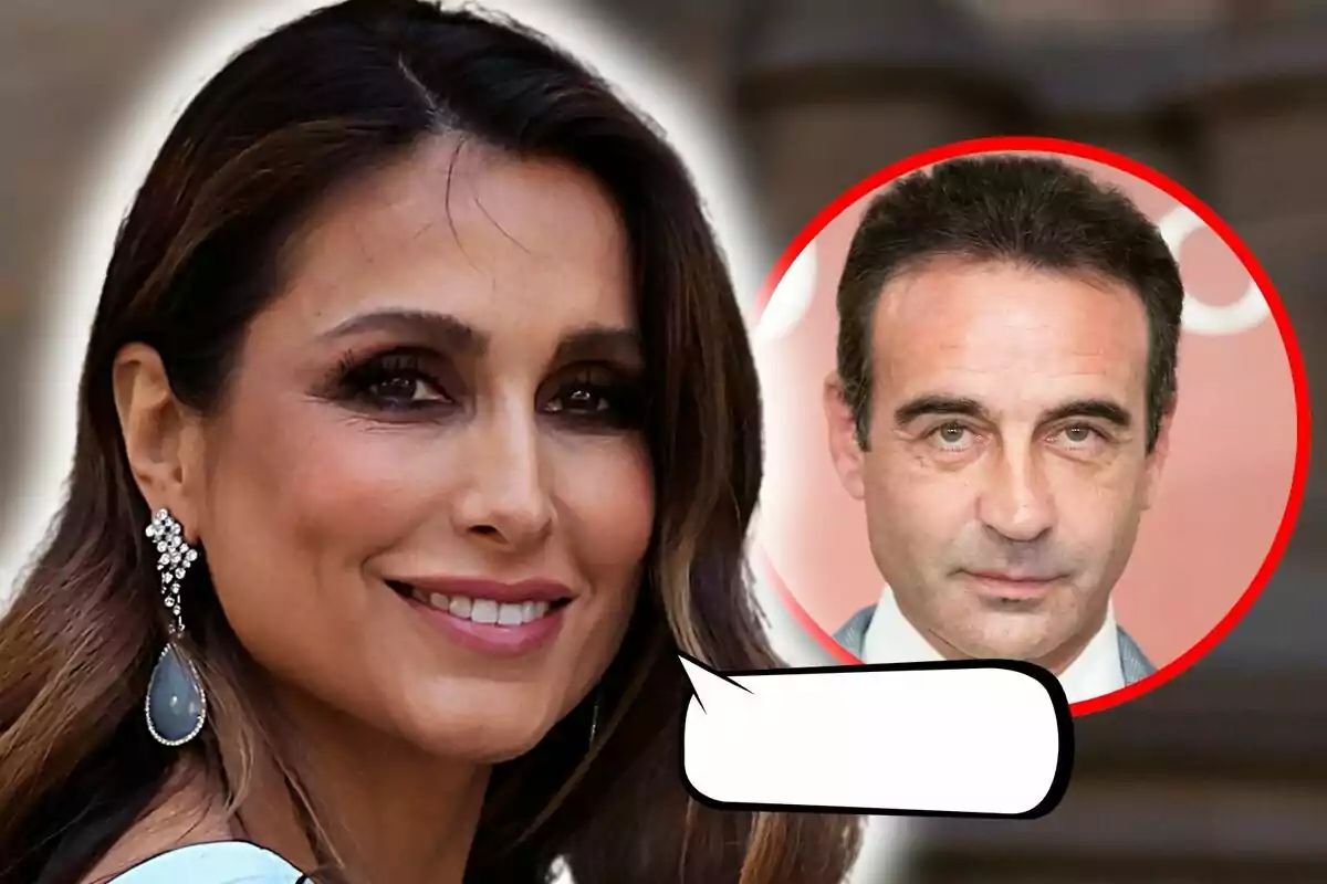 Muntatge de fotos de primer pla de Paloma Cuevas somrient amb pendents elegants i un requadre que mostra Enrique Ponce al costat amb expressió seriosa.