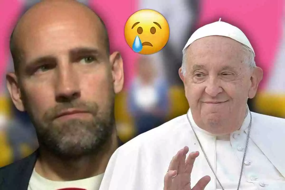 Gonzalo Miró with a beard and a serious expression next to Pope Francis smiling, with a sad face emoji and tear in the center.