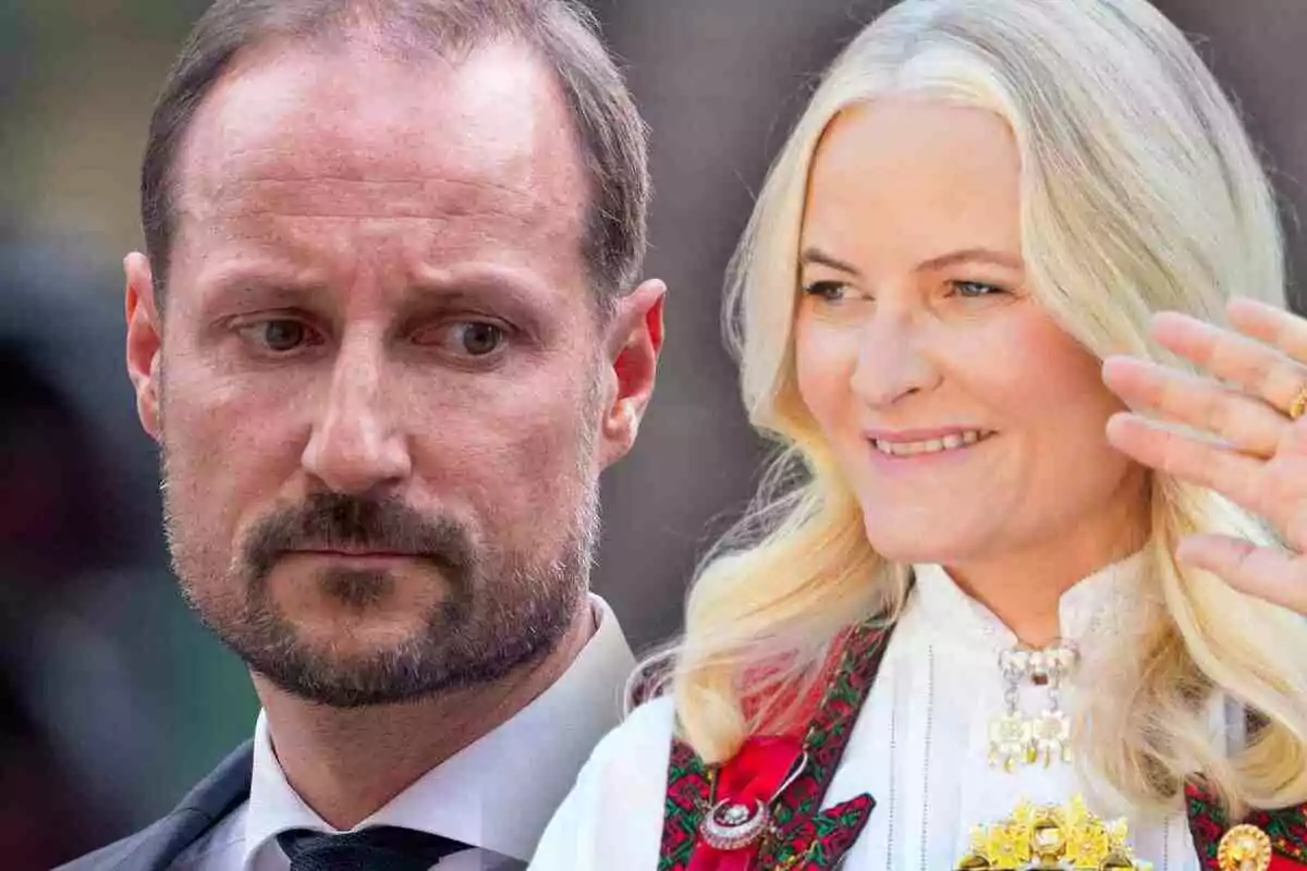 Prince Haakon and Mette-Marit, both with serious expressions and formal attire.