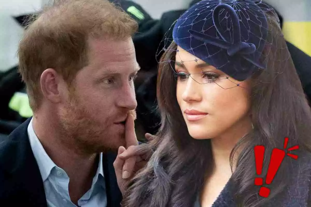 Prince Harry with a beard whispers something to Meghan Markle wearing a blue hat with a veil as she looks forward with a serious expression, and there is a red exclamation mark in the corner.