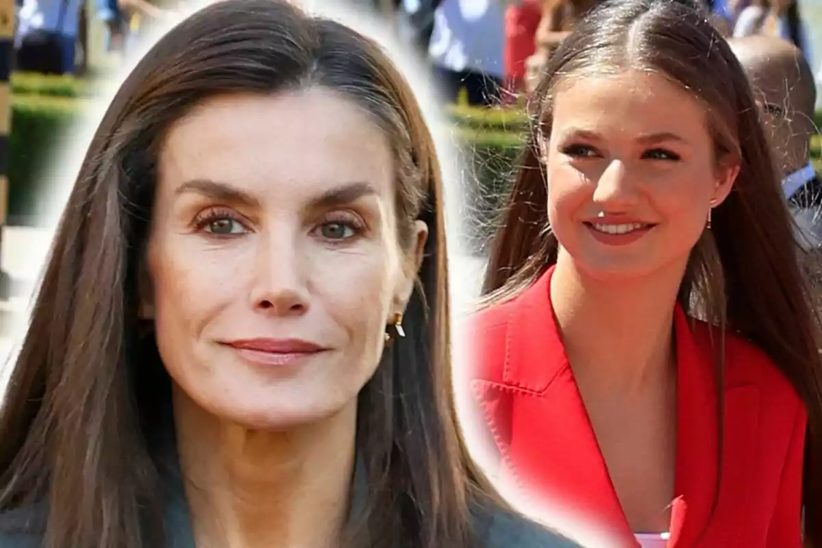 Close-up photo montage of Queen Letizia Ortiz with a serious face and her daughter, Princess Leonor with a smiling face.