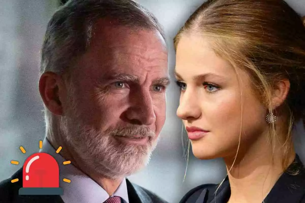King Felipe and Princess Leonor facing each other with a red alarm siren in the bottom left corner