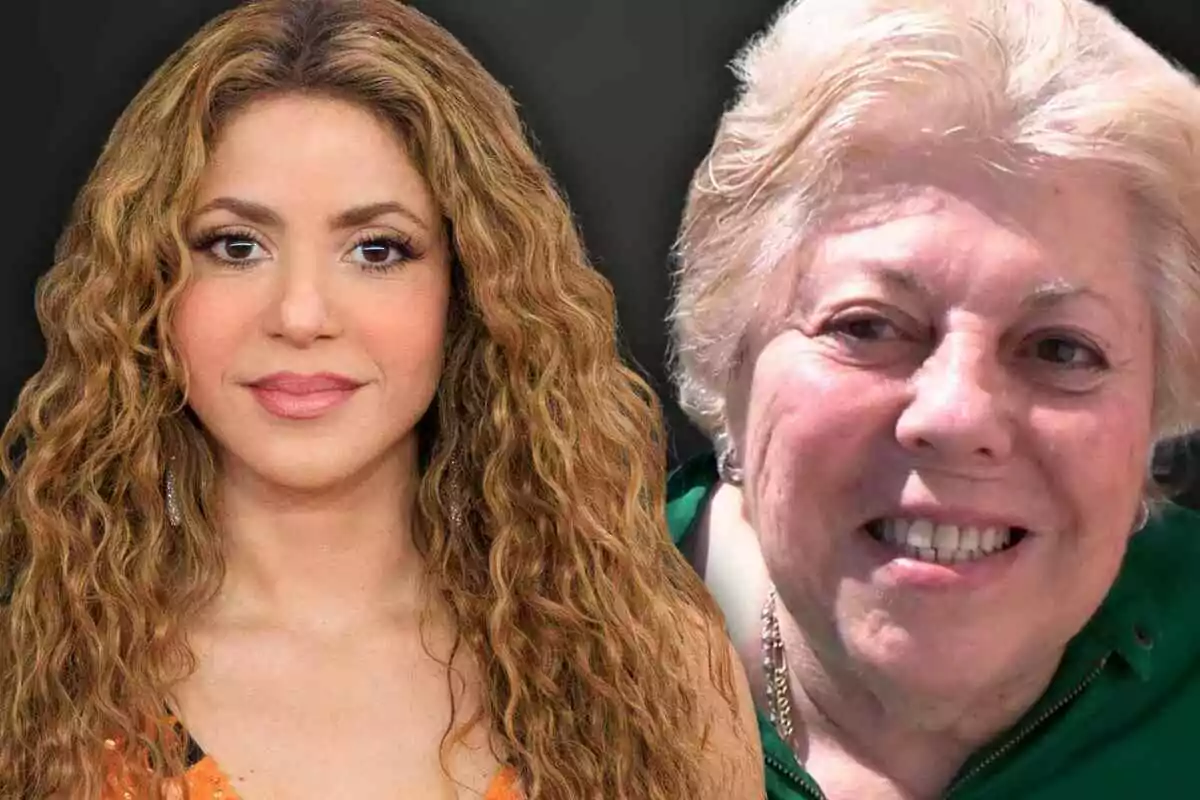 Shakira y su madre, Nidia Ripoll, posando juntas, Shakira cabello rizado y Nidia con cabello corto y canoso, ambas sonriendo.