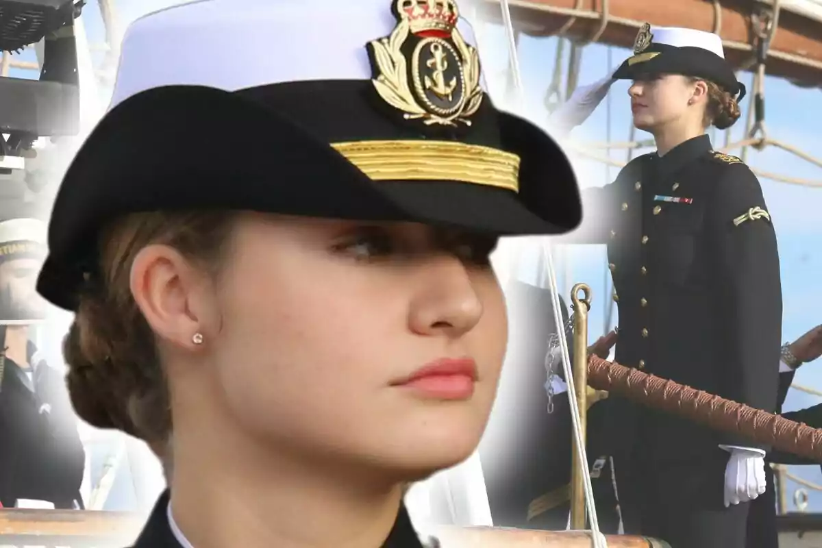 Montaje de fotos de la princesa Leonor durante el embarque en el buque escuela 'Juan Sebastián de Elcano'. A 08 de enero de 2024, en Cádiz.