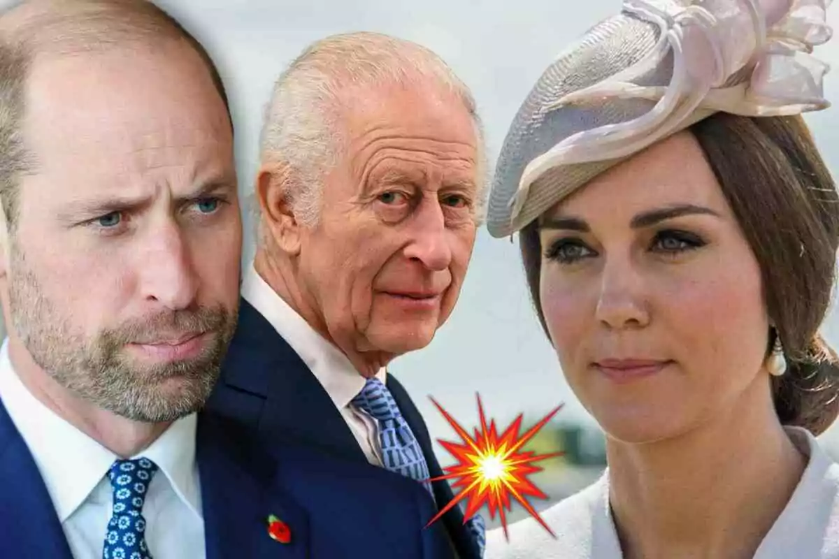 King Charles, prince William and Kate Middleton with serious expressions, Kate wearing a fancy hat, and there's an explosion graphic in the center.