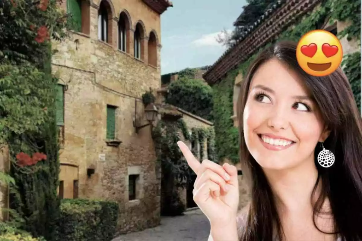 Muntatge de fotos d'un carrer del poble de Peratallada, Girona, amb una dona assenyalant i una emoticona enamorada