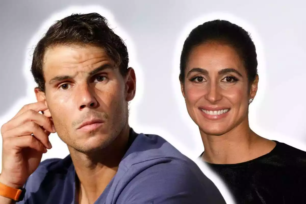 Montaje de fotos de primer plano de Rafa Nadal serio y su pareja, Xisca Perelló, con rostro sonriente