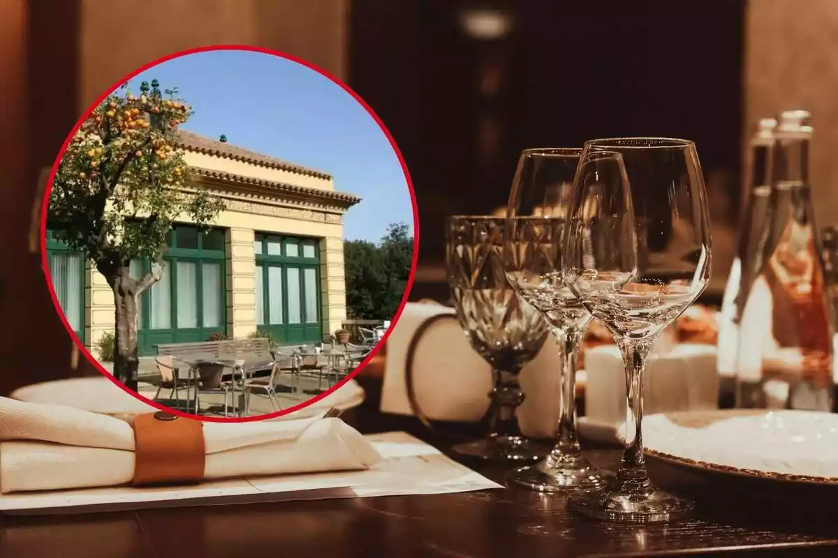 Muntatge de fotos amb la imatge d'una taula d'un restaurant i una imatge circular d'un edifici de la Font del Gat de Barcelona