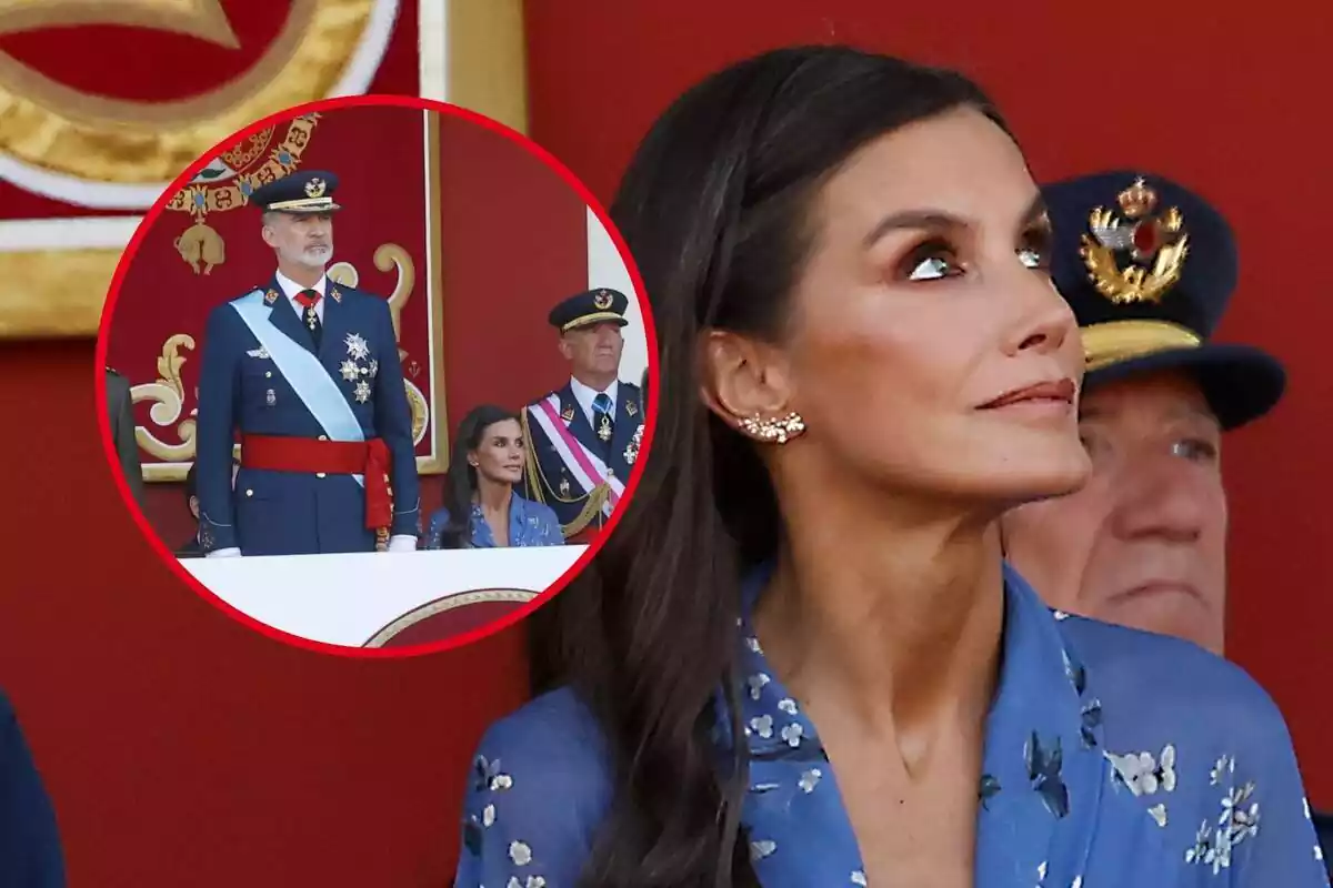 Muntatge de fotos de la reina Letizia asseguda durant la Desfilada del Dia de la Hispanitat al costat d'una imatge dels Reis al balcó