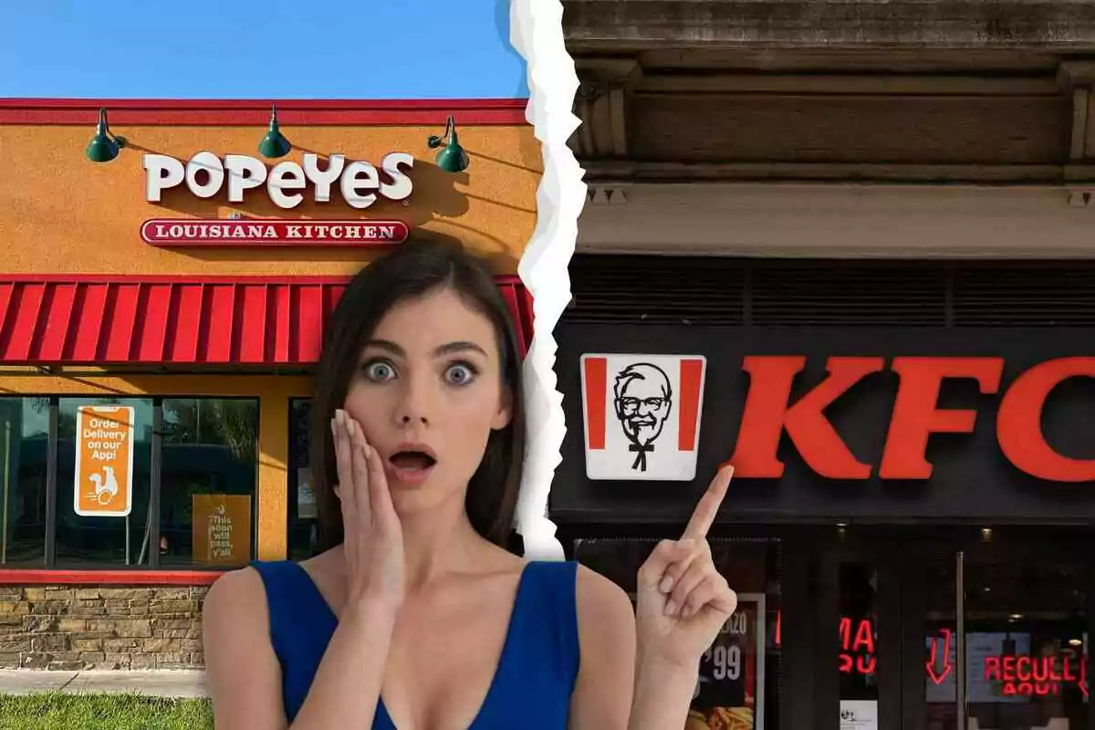 Una mujer sorprendida frente a los letreros de Popeyes y KFC, con una línea rasgada dividiendo las dos marcas.