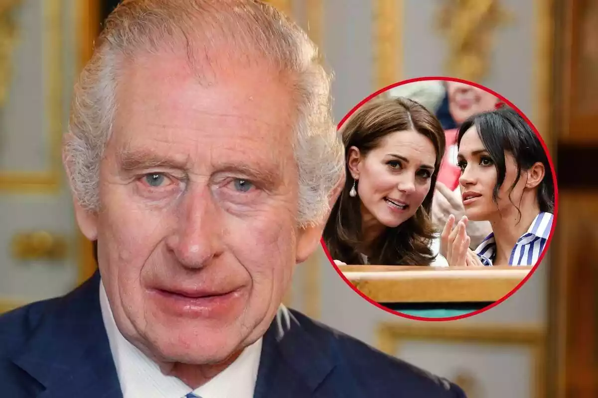 Muntatge de fotos del rei Carles III d'Anglaterra en primer pla mirant a càmera i una imatge circular de Kate Middleton al costat de Meghan Markle