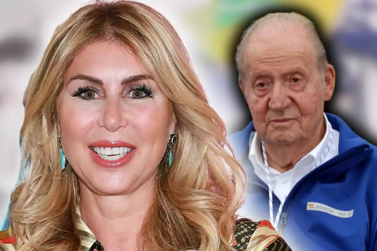 Montaje de fotos de primer plano de Malena Gracia sonriente y el rey Juan Carlos I con rostro serio.