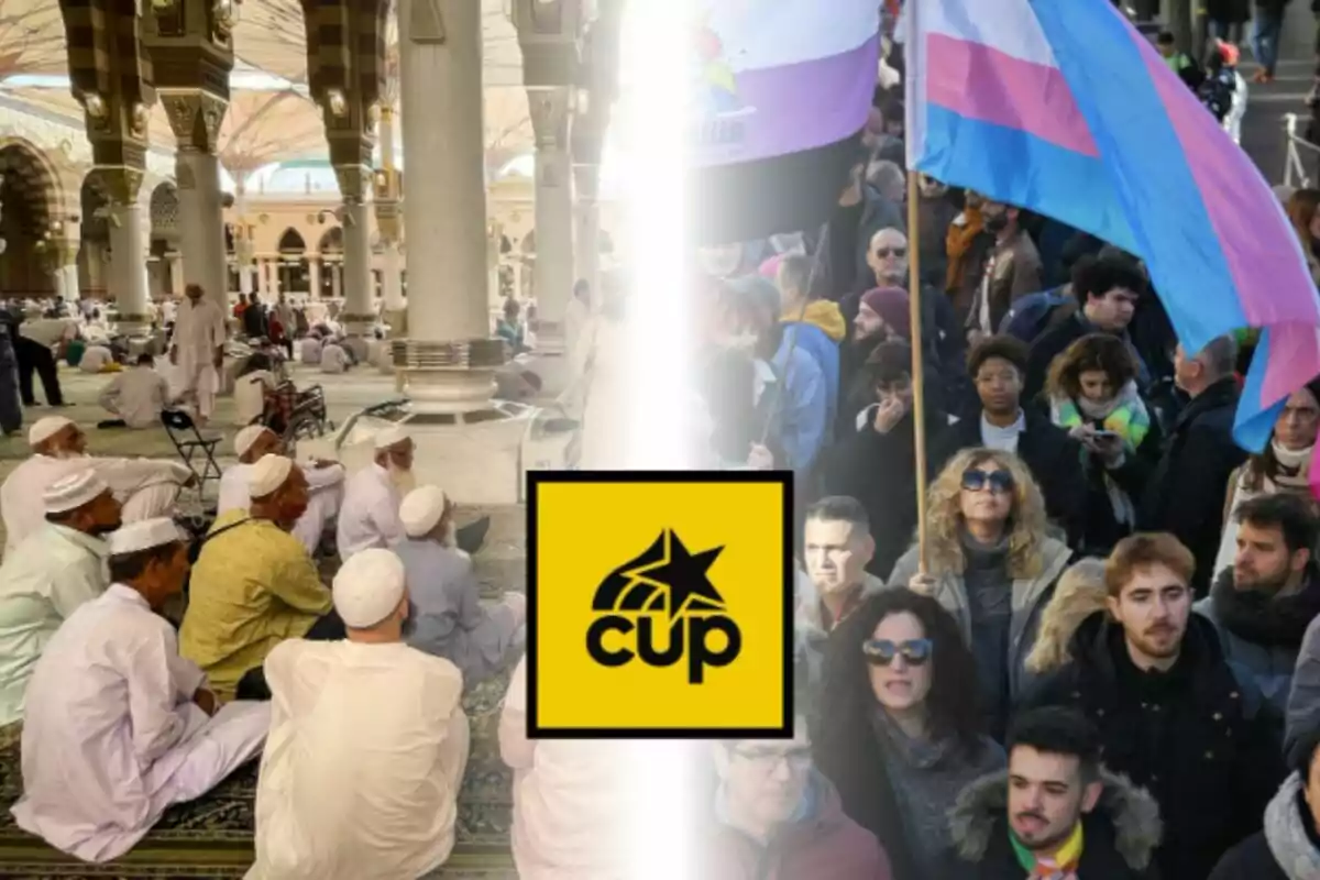Un grup de persones amb vestimenta tradicional està assegut a l’interior d’una mesquita a l’esquerra, mentre que a la dreta hi ha una multitud en una manifestació amb banderes de colors, al centre hi apareix un logotip groc i negre de la CUP. Un grup de persones amb vestimenta tradicional està assegut a l’interior d’una mesquita a l’esquerra, mentre que a la dreta hi ha una multitud en una manifestació amb banderes de colors, al centre hi apareix un logotip groc i negre de la CUP.
