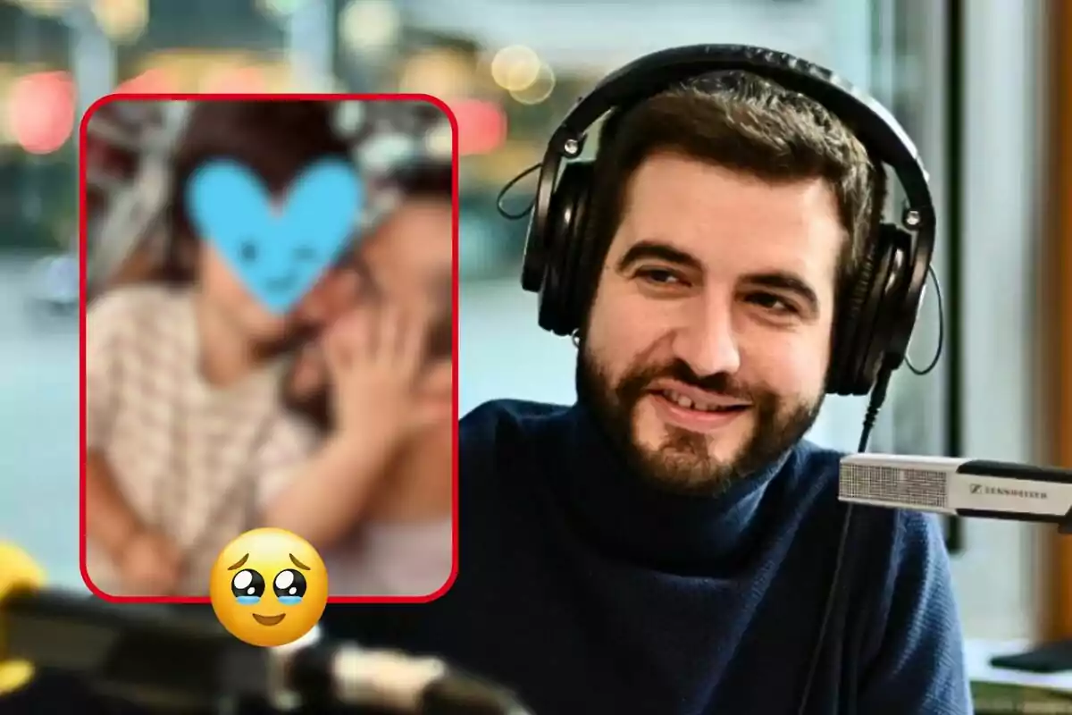 Muntatge de fotos de Ricard Ustrell durant un programa de 'Catalunya Ràdio' i una imatge desenfocada d'ell amb la seva filla i una emoticona.