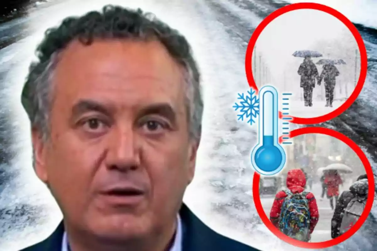 Montaje de fotos de Roberto Brasero con rostro serio frente a un fondo nevado con dos círculos que muestran escenas de nieve y un icono de termómetro.