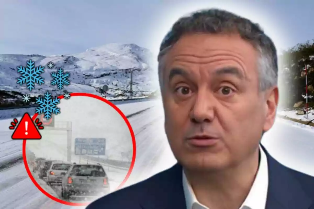 Muntatge de fotos de Roberto Brasero en primer pla amb rostre neutre davant d'un paisatge nevat amb un avís d'advertència de neu i trànsit a la carretera.