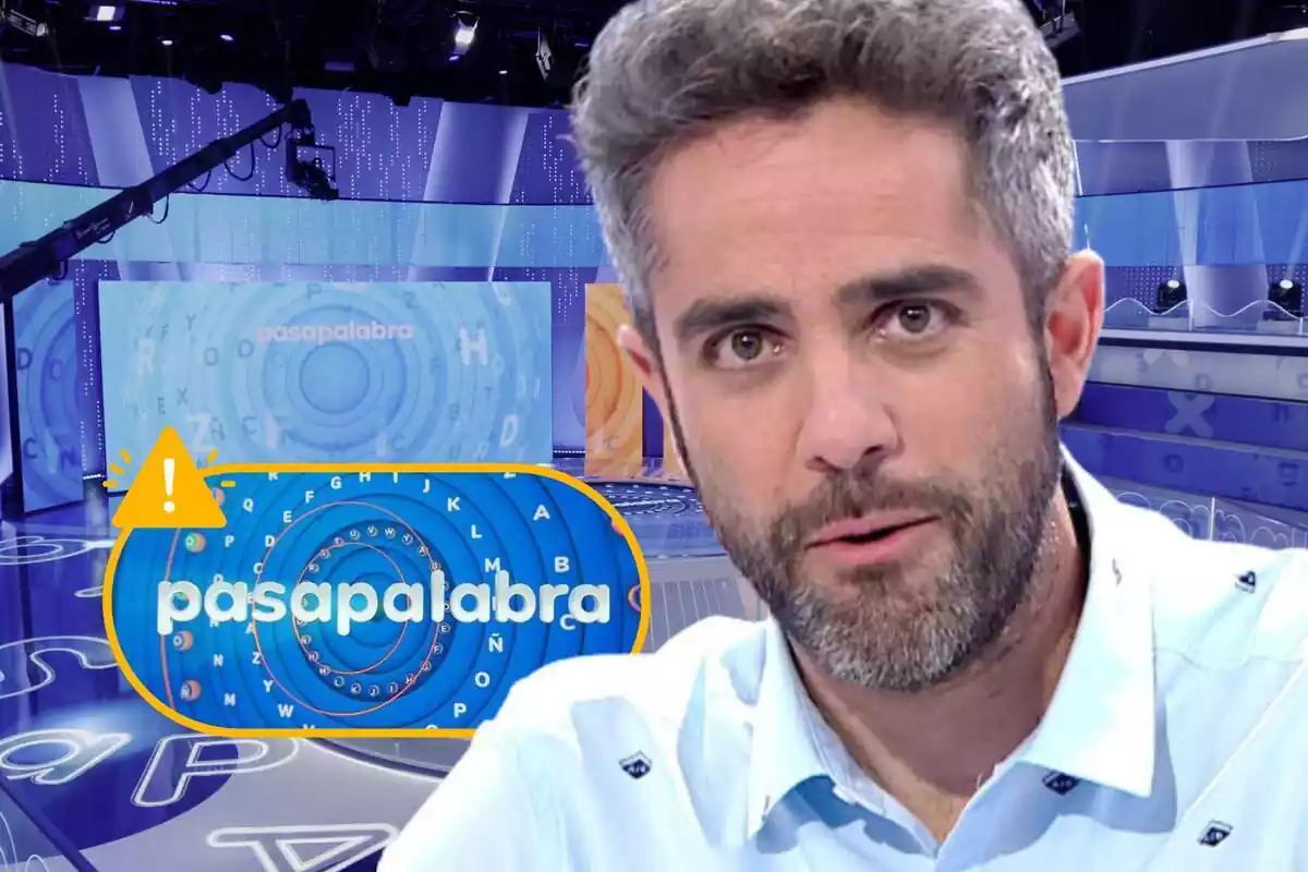 Muntatge de fotos de Roberto Leal en primer pla mirant a càmera al costat del logo de 'Pasapalabra' i el plató del programa