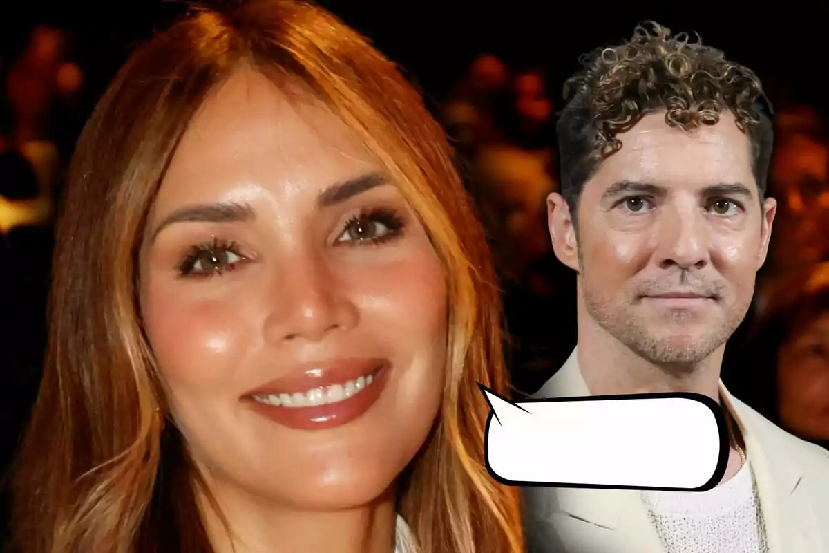 Rosanna Zanetti somrient en primer pla i David Bisbal al fons amb un globus de diàleg buit.