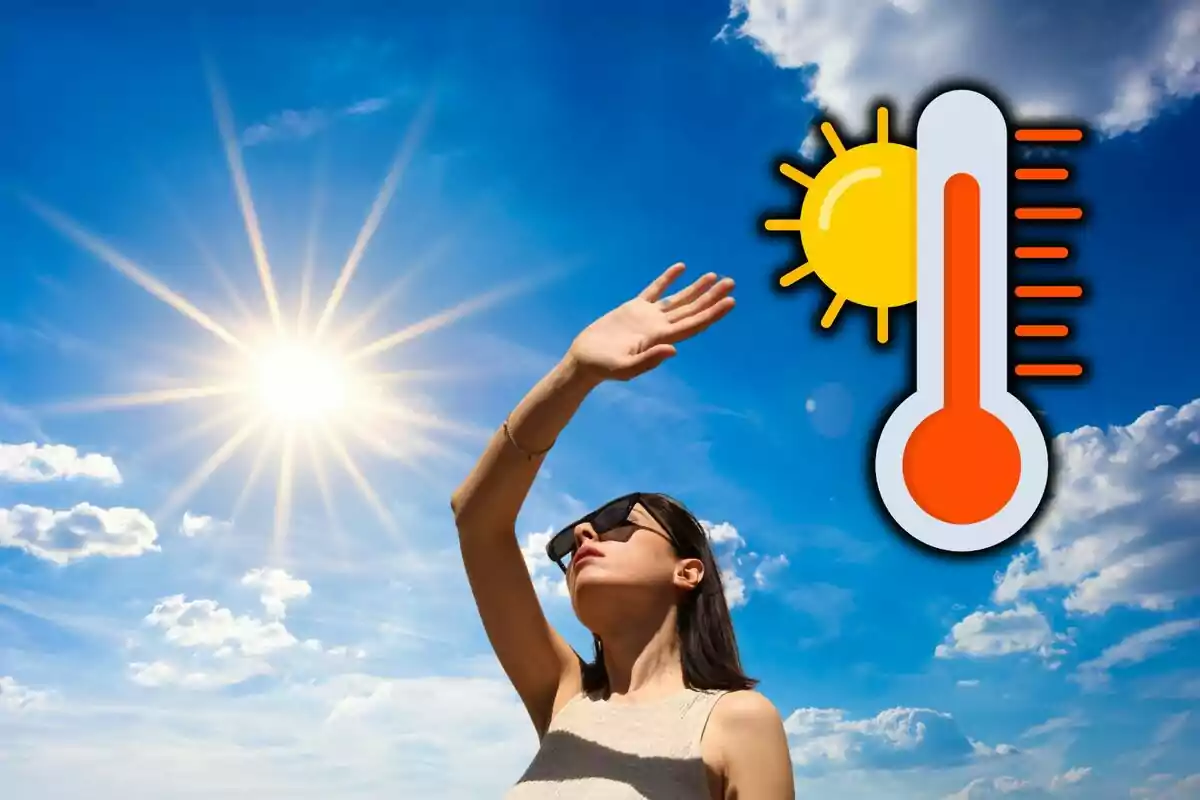 Dona amb ulleres de sol es protegeix del sol amb la mà mentre una icona de termòmetre i sol indica altes temperatures en un cel clar. Dona amb ulleres de sol es protegeix del sol amb la mà mentre una icona de termòmetre i sol indica altes temperatures en un cel clar.