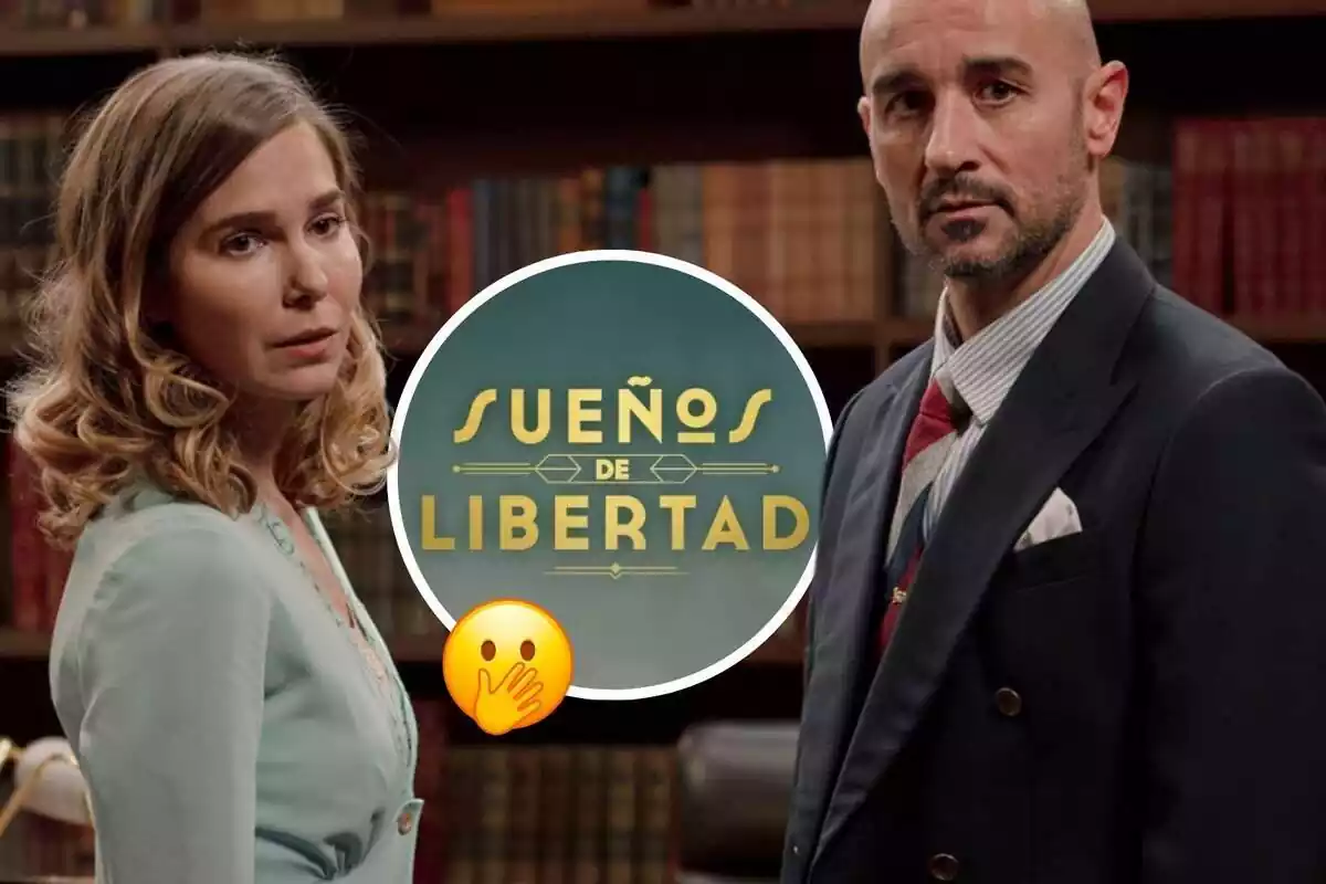 Muntatge de fotos amb dos dels protagonistes de la sèrie 'Somnis de Llibertat', Begoña Montes i Jesús de la Reina, al costat del logo de la sèrie i una emoticona