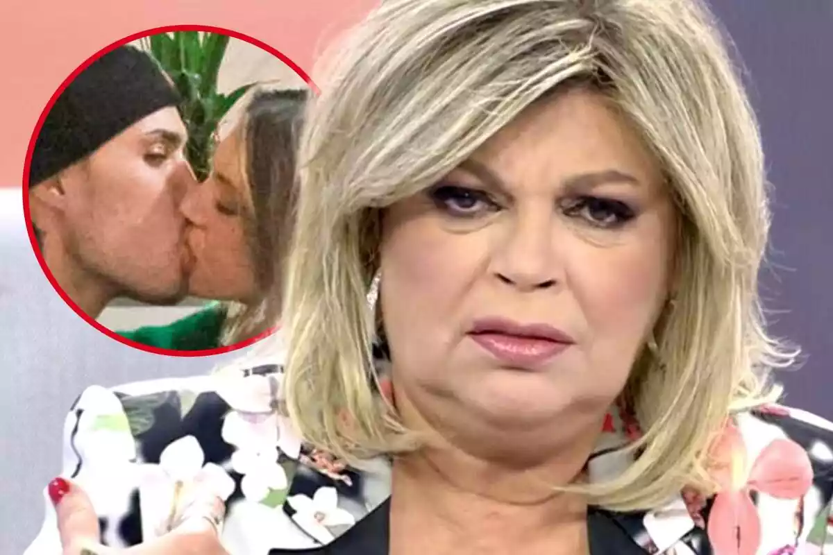 Muntatge de fotos d'un primer pla de Terelu Campos mirant a càmera amb la cara seriosa i una captura del petó entre Alejandra Rubio i Carlos Constanzia