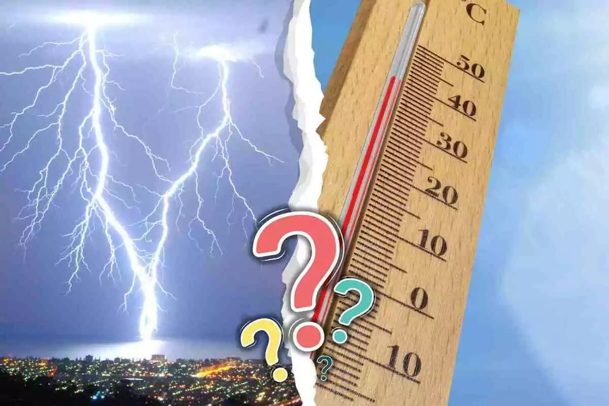 Imatge dividida en dues parts mostrant un llamp sobre una ciutat de nit a l’esquerra i un termòmetre marcant alta temperatura a la dreta amb signes d’interrogació al centre Imatge dividida en dues parts mostrant un llamp sobre una ciutat de nit a l’esquerra i un termòmetre marcant alta temperatura a la dreta amb signes d’interrogació al centre