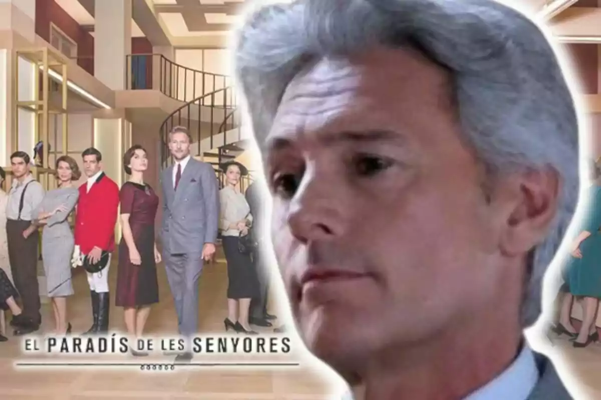 Un grup de persones elegantment vestides posant en un edifici modern amb l'actor Roberto Farnesi en primer pla i el títol “El Paradís de les Senyores” a la part inferior.