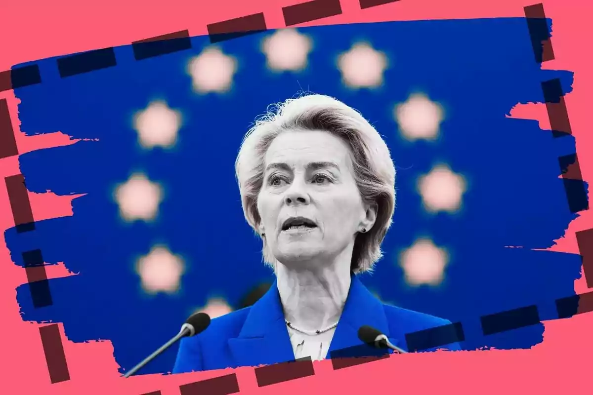 Una persona, que es Ursula von der Leyen, hablando frente a un fondo azul con estrellas desenfocadas y un borde decorativo en tonos rosados y oscuros.