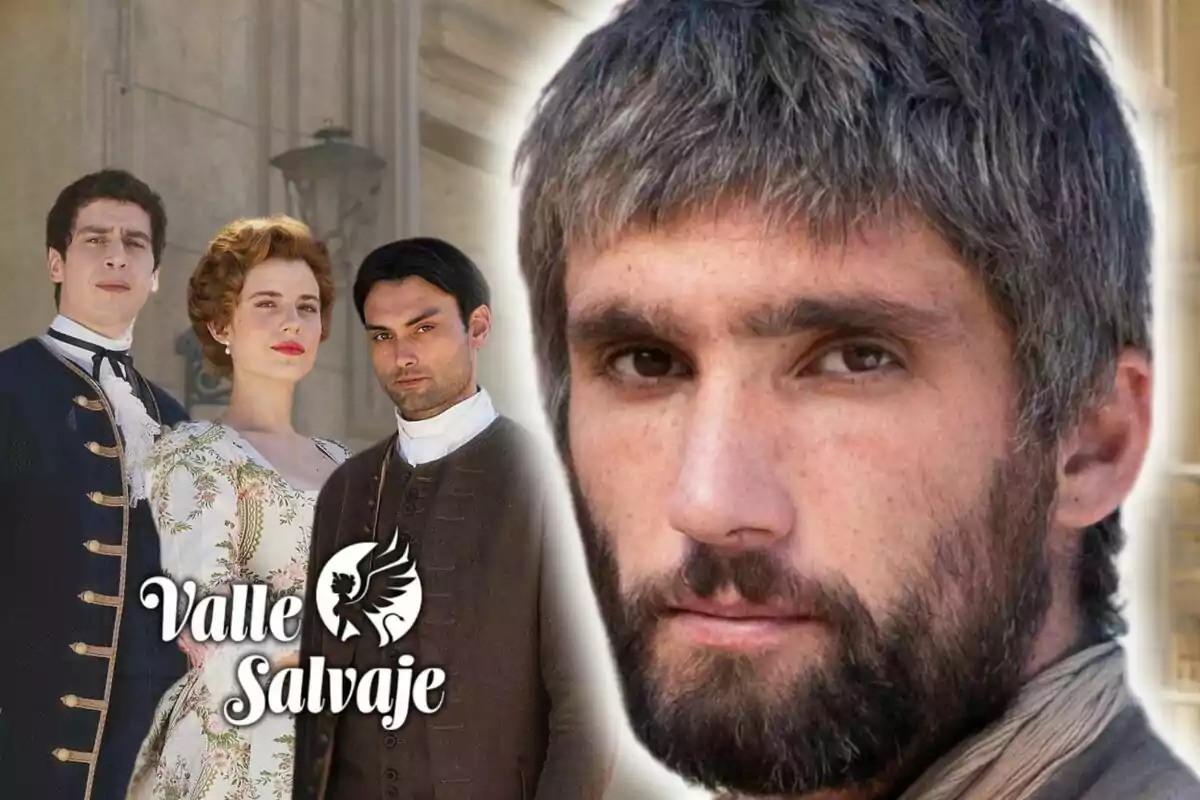 Tres personas con vestimenta de época junto al logo de "Valle Salvaje" y un primer plano del actor Chechu Salgado con rostro serio y con barba.