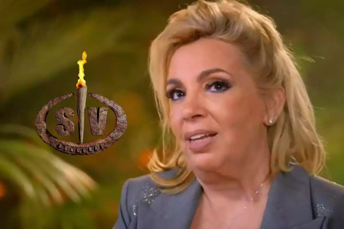 Muntatge de fotos amb una captura del vídeo de presentació de Carmen Borrego a 'Supervivientes 2023' i el logo del programa
