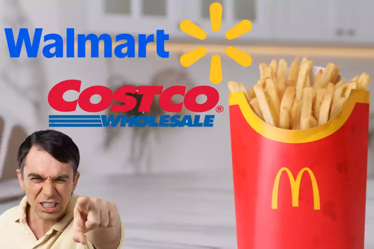 A man pointing with Walmart and Costco logos in the background and a box of McDonald's fries in the foreground.