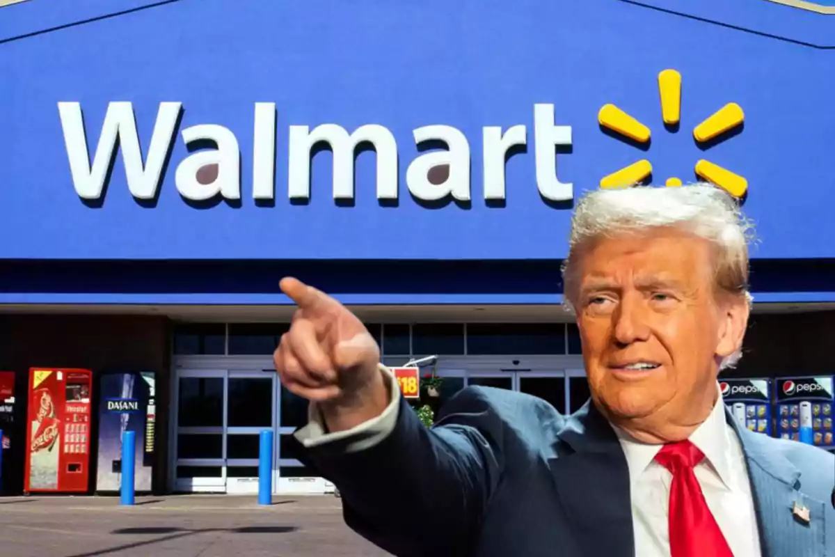 Un montaje donde Donald Trump señala hacia adelante frente a la entrada de una tienda Walmart.