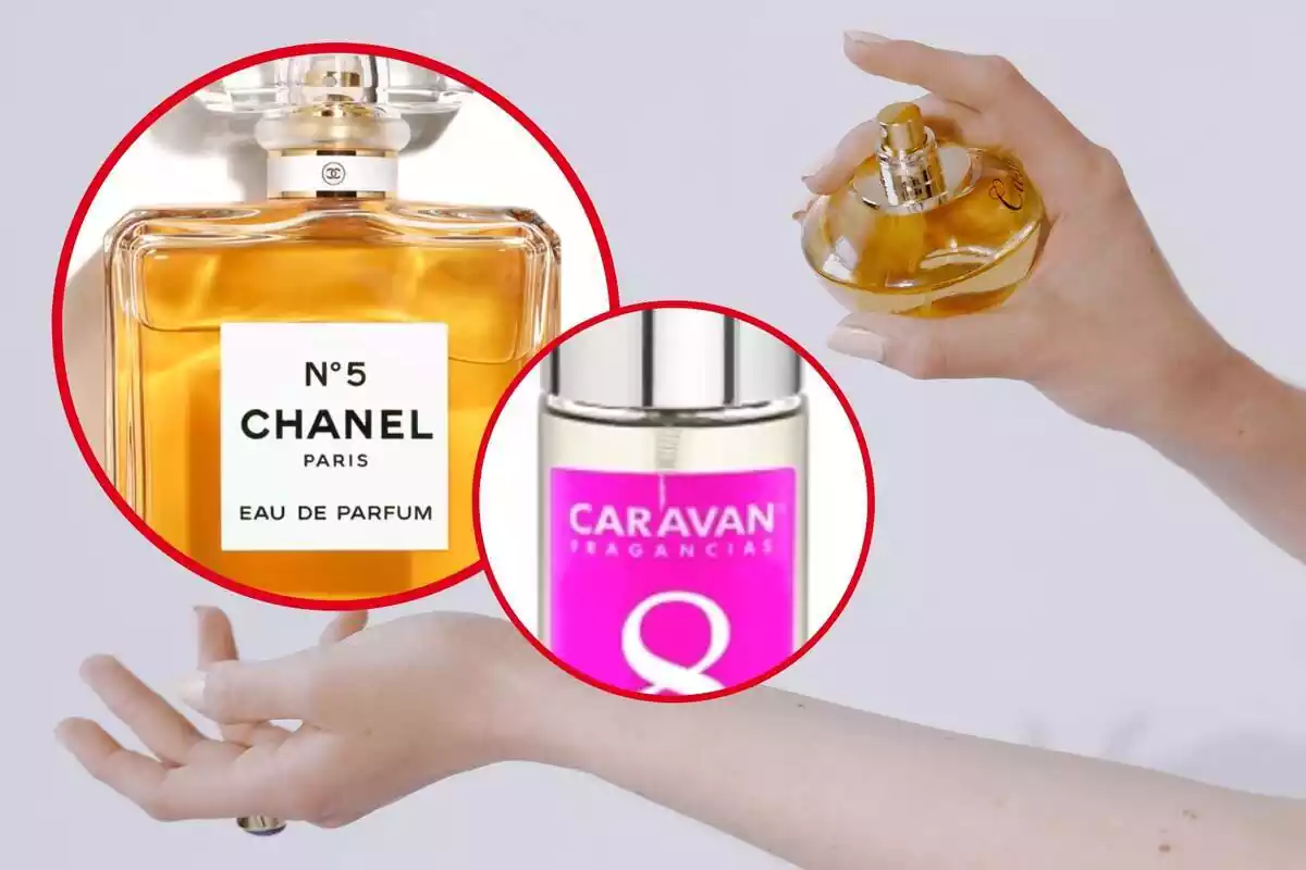 Muntatge amb unes mans amb un pot de colònia i dos cercles, un amb el perfum Chanel Nº5 i un altre amb la fragància de Caravan