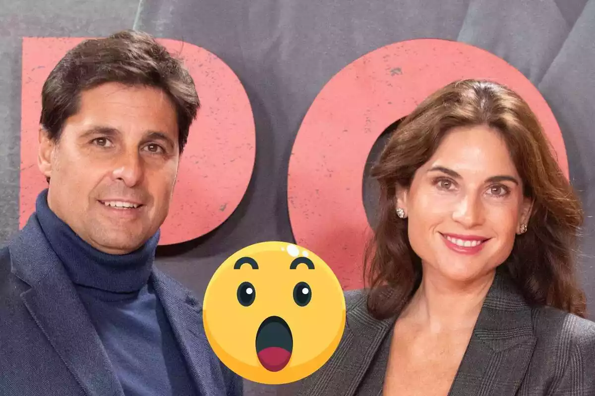 Muntatge de Fran Rivera i Lourdes Montes posant junts en un photocall i un emoji de sorpresa