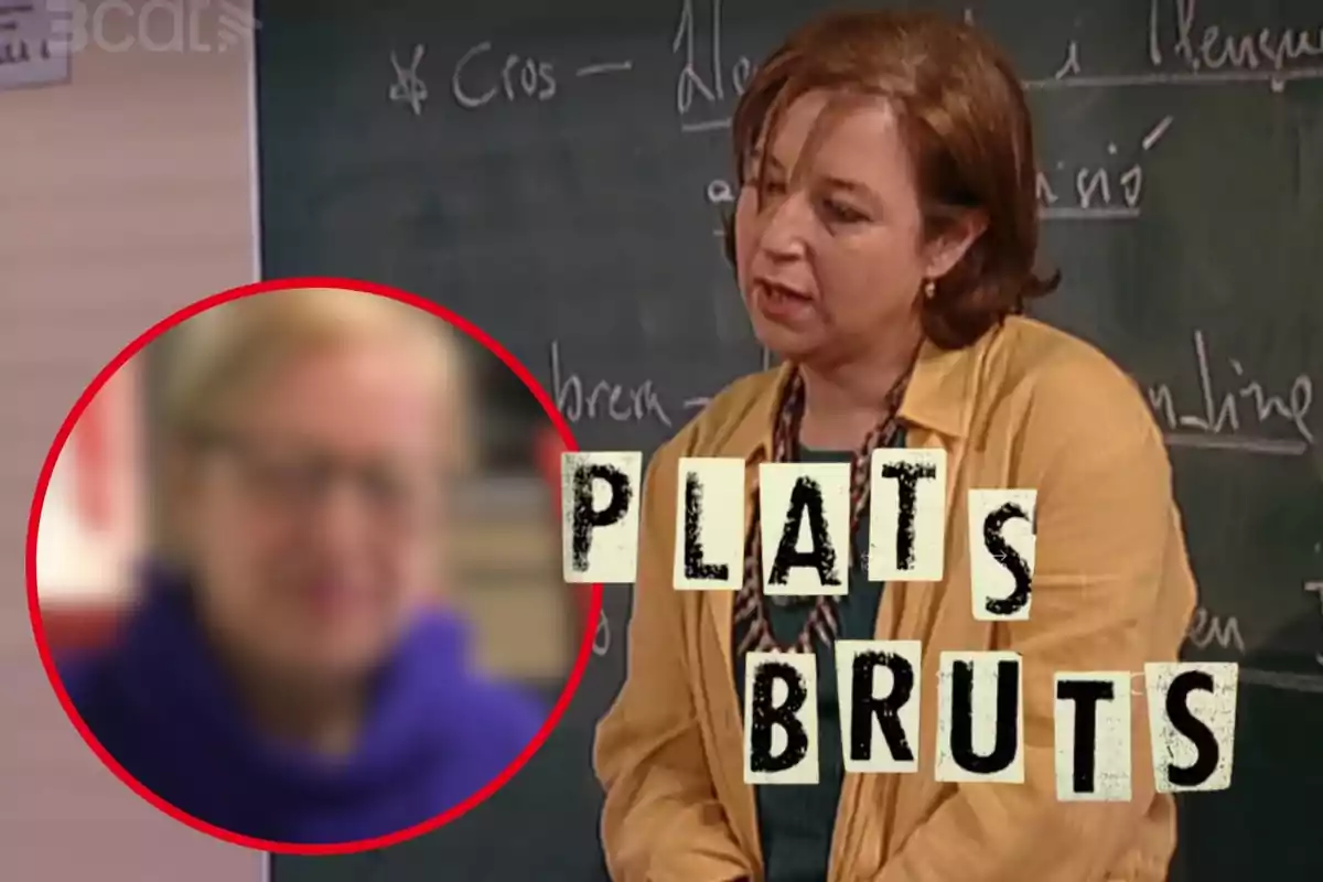 Una dona dreta davant d'una pissarra amb la inscripció "PLATS BRUTS" a la part inferior de la imatge.