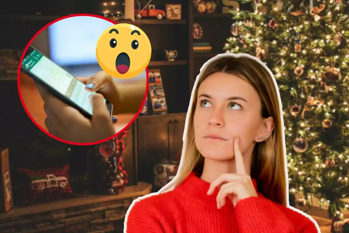 Una dona pensativa amb un arbre de Nadal al fons i un cercle que mostra un telèfon mòbil amb un emoji sorprès.