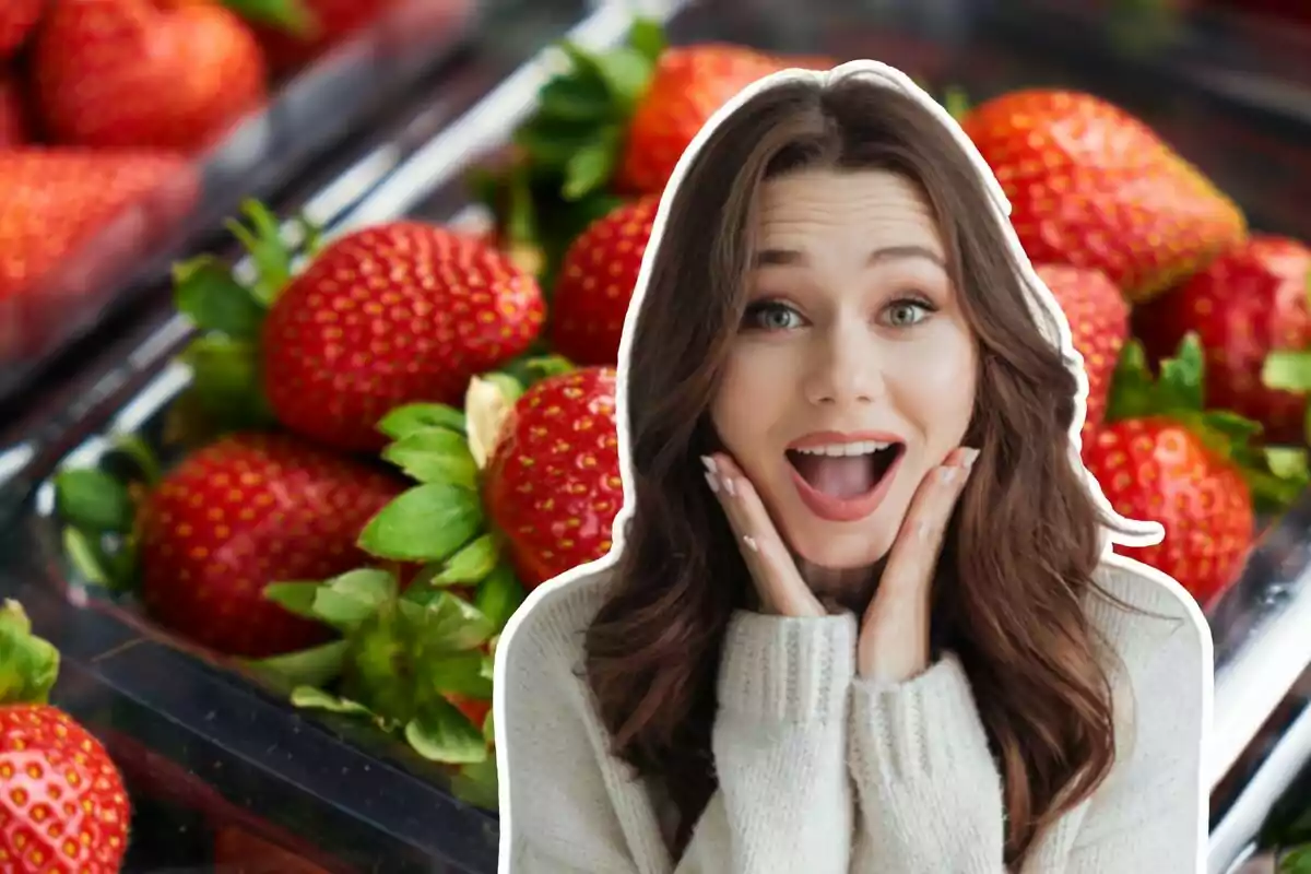 A woman with a surprised expression is superimposed on an image of fresh strawberries in plastic boxes.