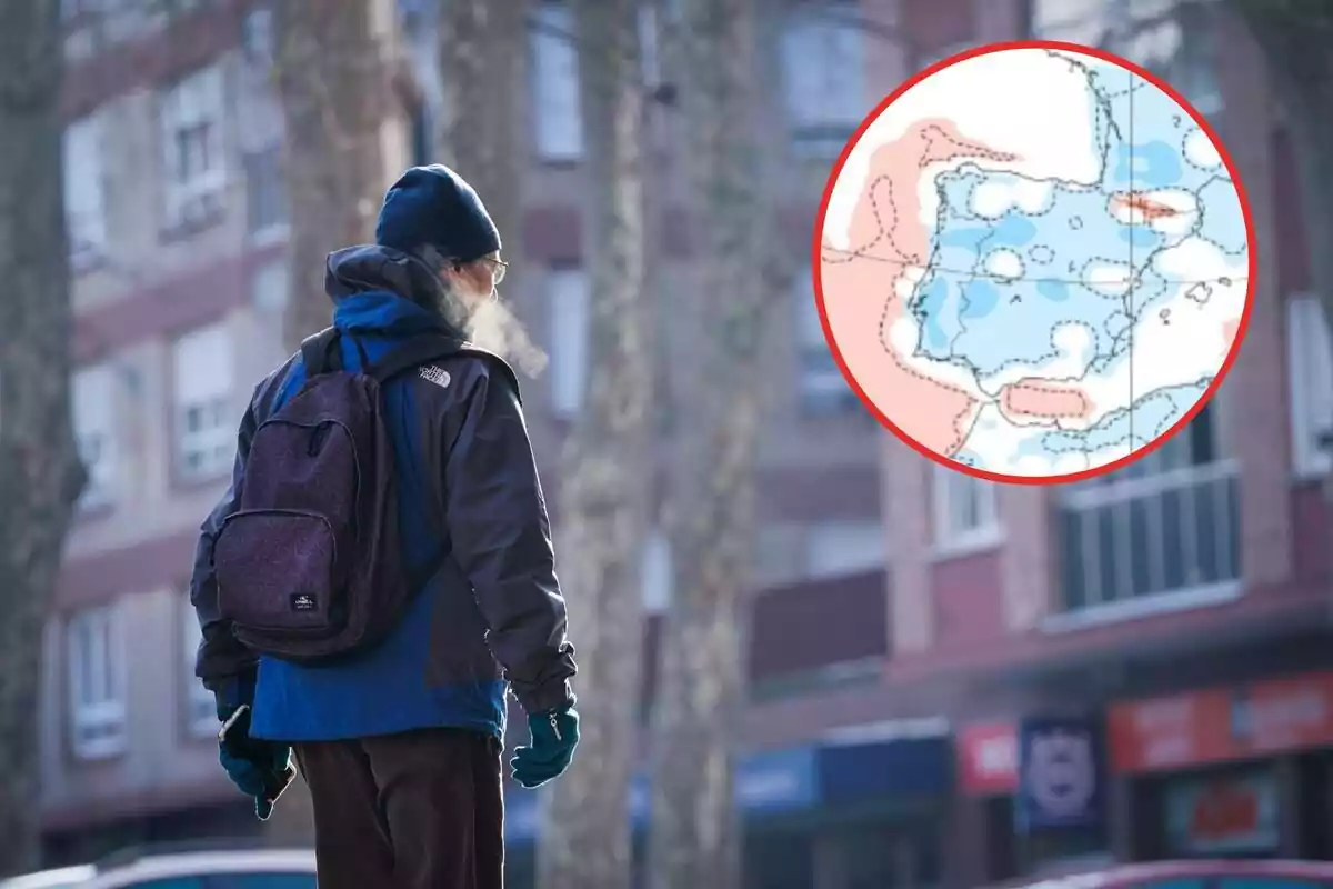 Un home abrigat es protegeix del fred i al cercle un mapa d'Espanya amb les variacions tèrmiques