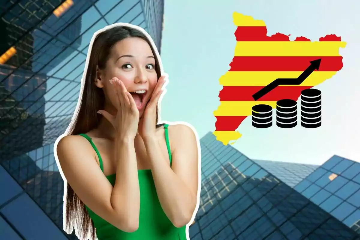 Una mujer sorprendida con un fondo de edificios y un gráfico de crecimiento económico sobre un mapa con franjas rojas y amarillas.