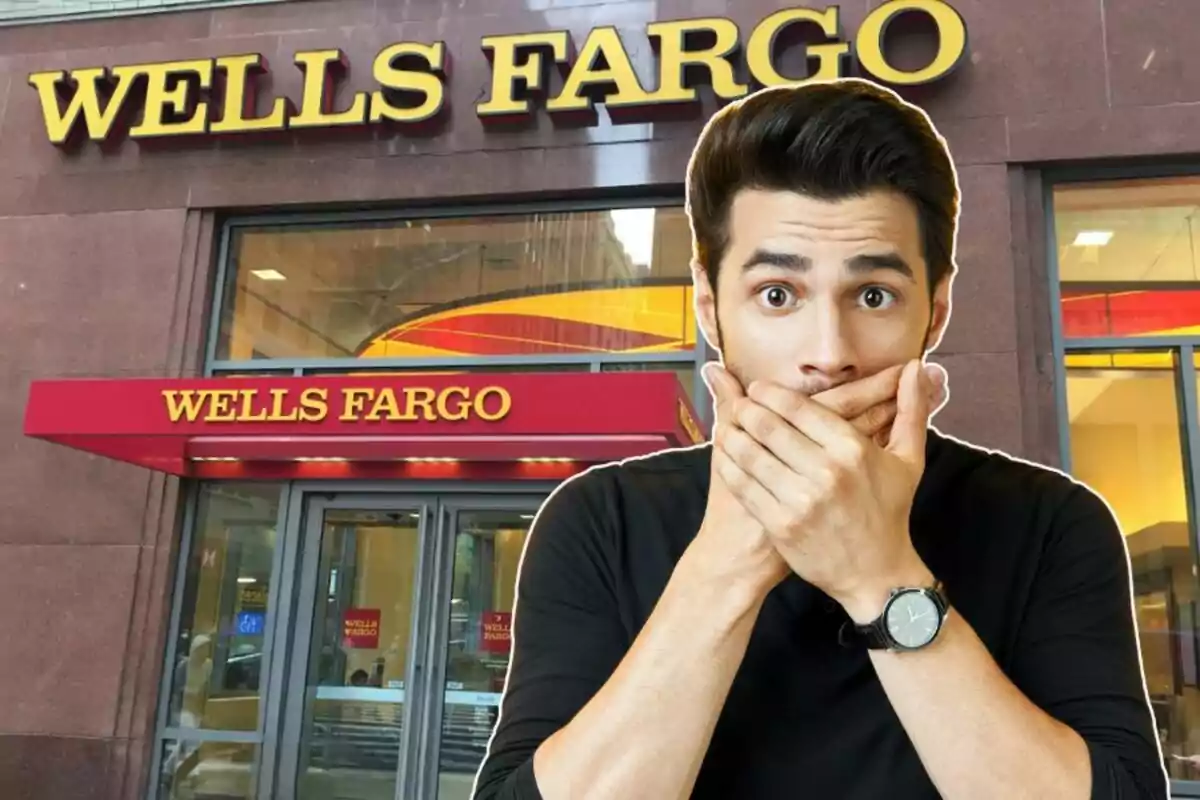 A man surprised in front of a Wells Fargo branch.