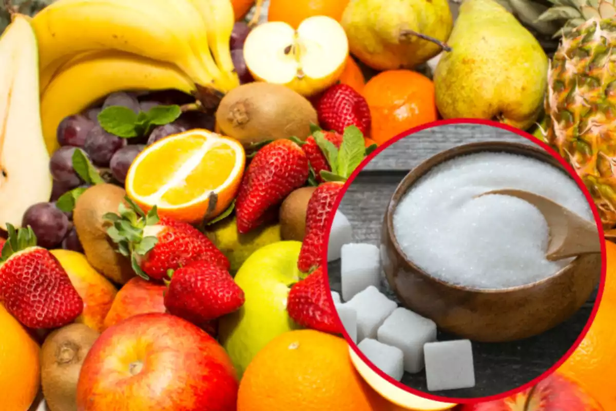 Muntatge amb diverses fruites amuntegades i un cercle amb un bol ple de sucre i terrossos de sucre al costat