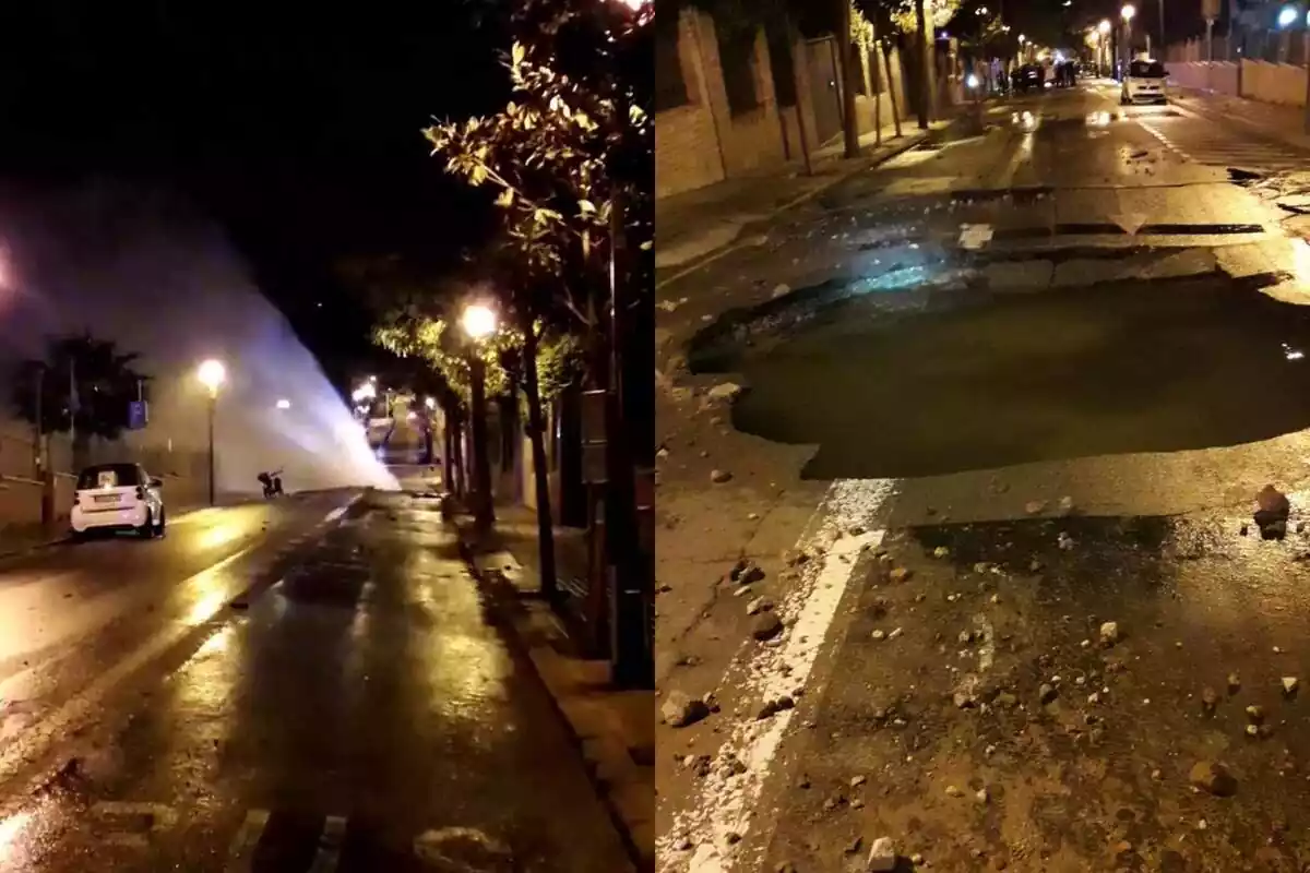 Muntatge de dues fotos sobre la fuga d‟aigua d‟una canonada a Barcelona i els desperfectes que ha causat