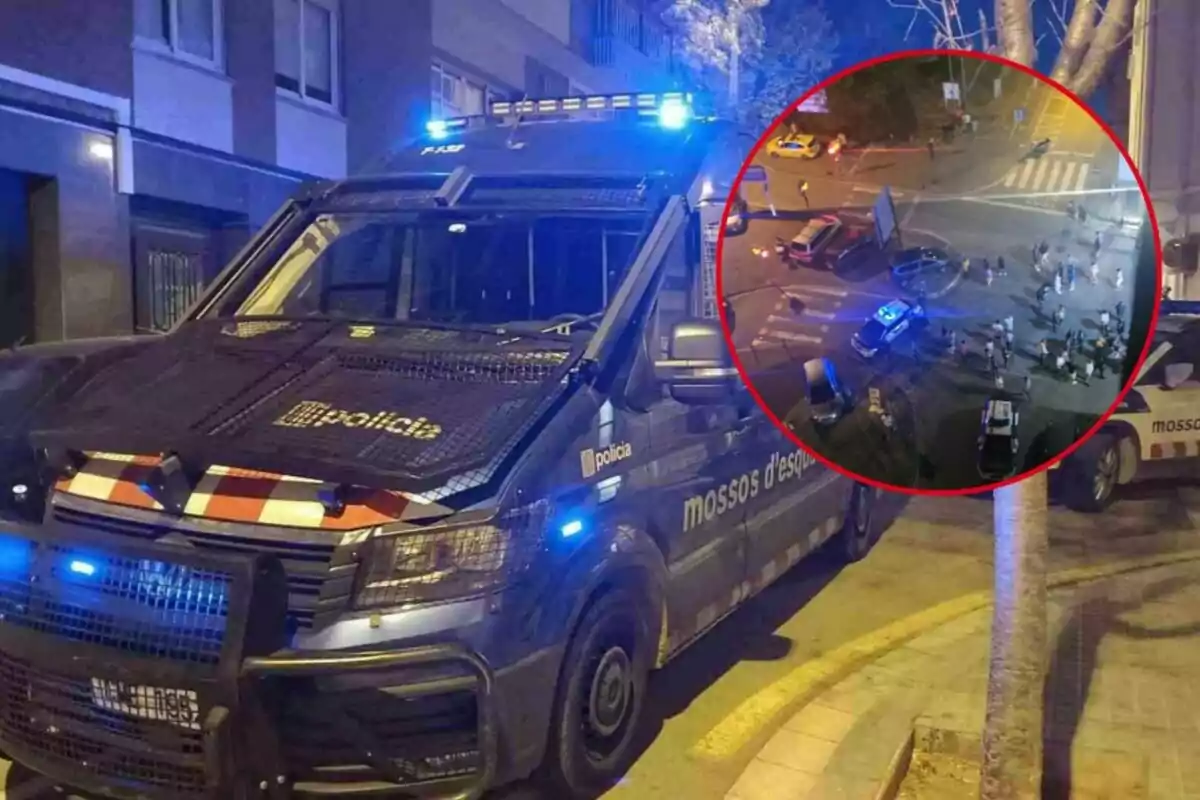 Vehicle dels Mossos d'Esquadra amb llums encesos i una escena d'intervenció policial en una rotonda.