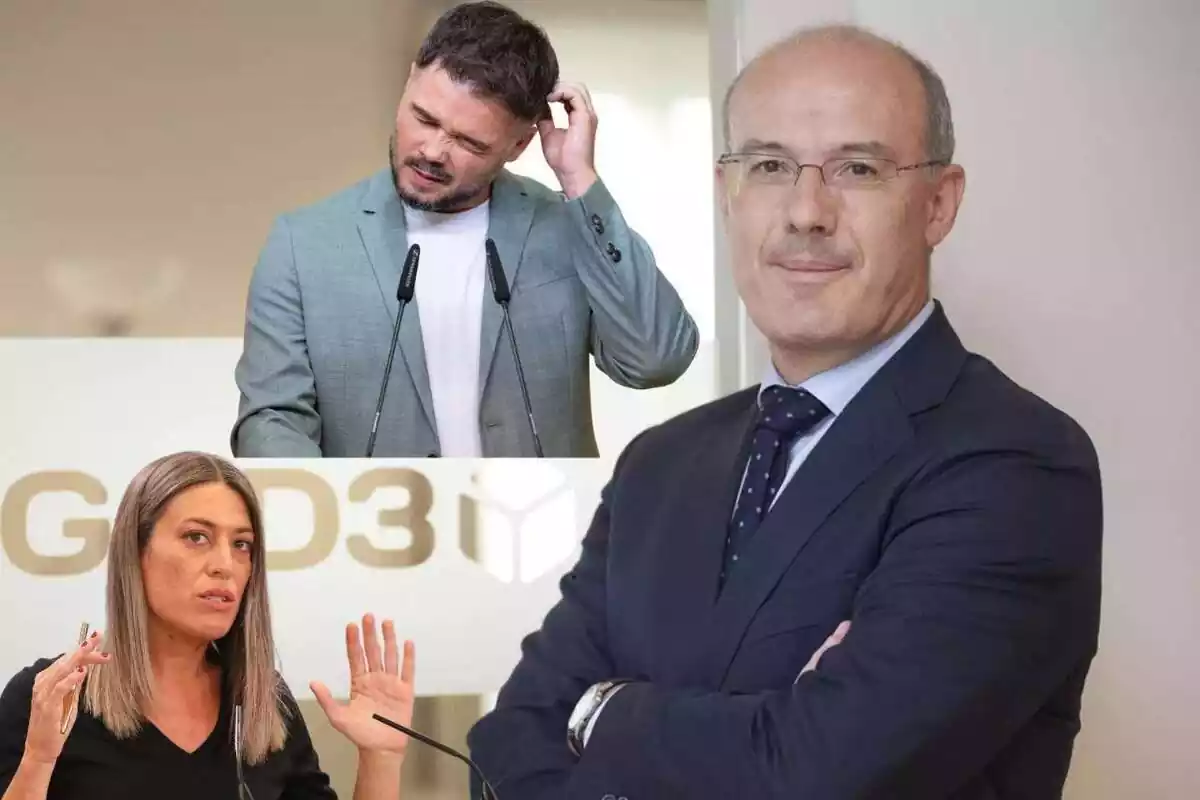 Muntatge amb Gabriel Rufián amb els ulls tancats, Míriam Nogueras amb les mans enlaire i Narciso Michavila