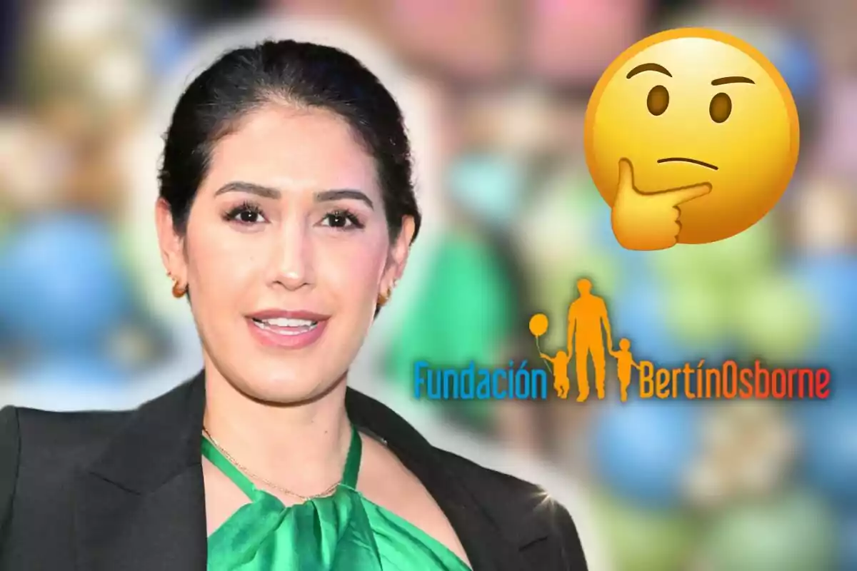 Gabriela Guillén amb cabell fosc i una brusa verda apareix amb un emoji pensatiu i el logotip de la Fundació Bertín Osborne.