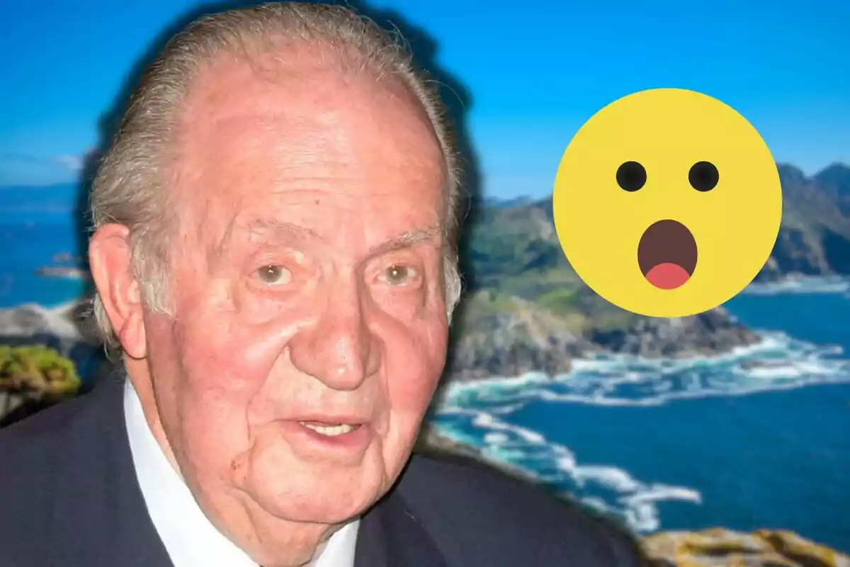 Joan Carles I amb vestit davant d'un paisatge costaner amb un emoji sorprès superposat.
