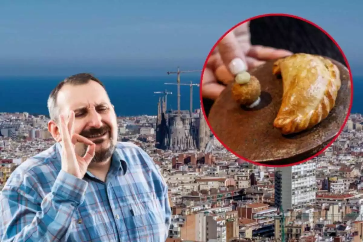 Muntatge amb un pla general de Barcelona, un home amb una camisa de quadres fent un senyal de perfecte i una empanada