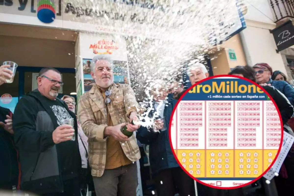 Muntatge amb gent celebrant amb cava a l'exterior una administració de loteria i una butlleta de l'Euromilions