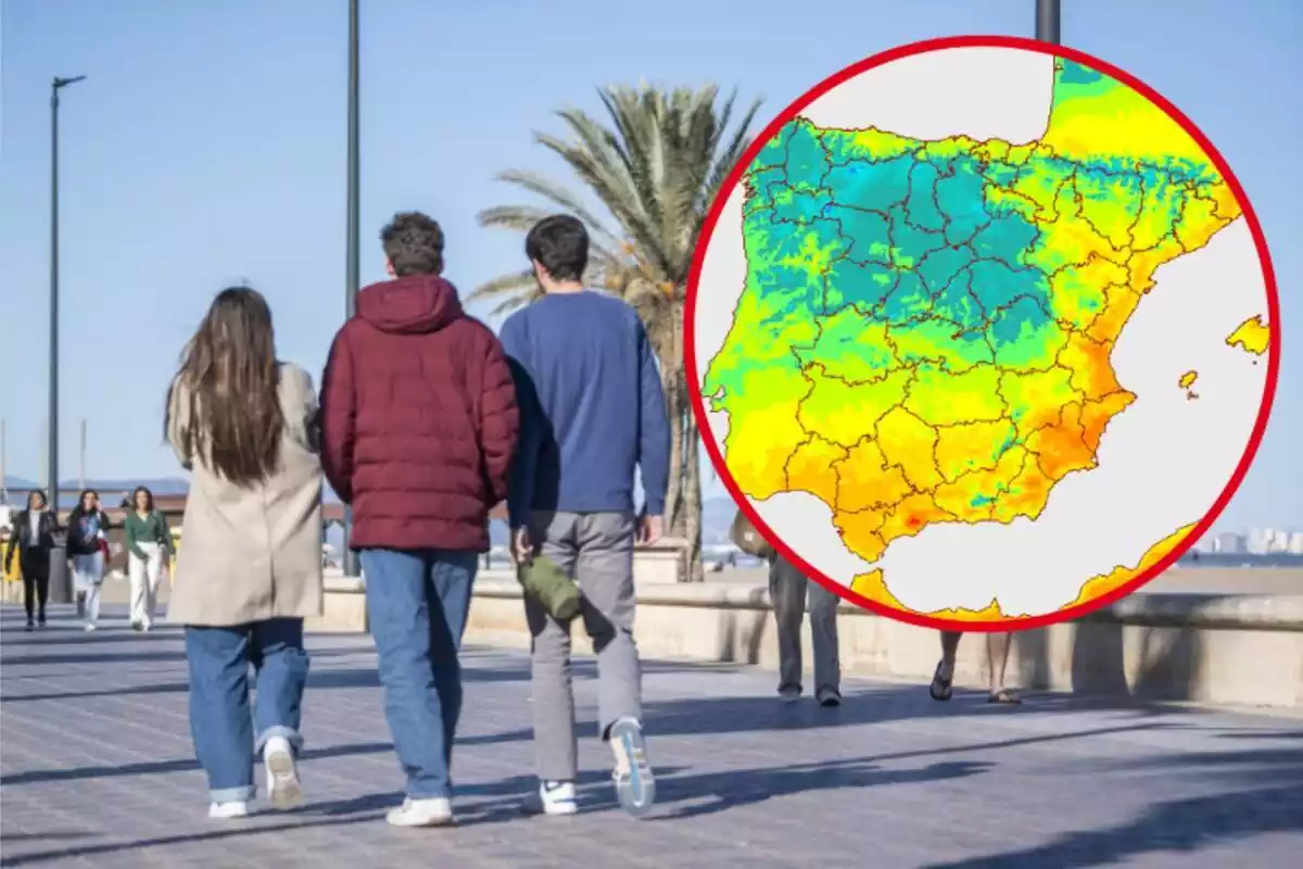 Muntatge amb gent passejant un dia assolellat i un cercle amb el mapa de temperatures màximes de l´AEMET