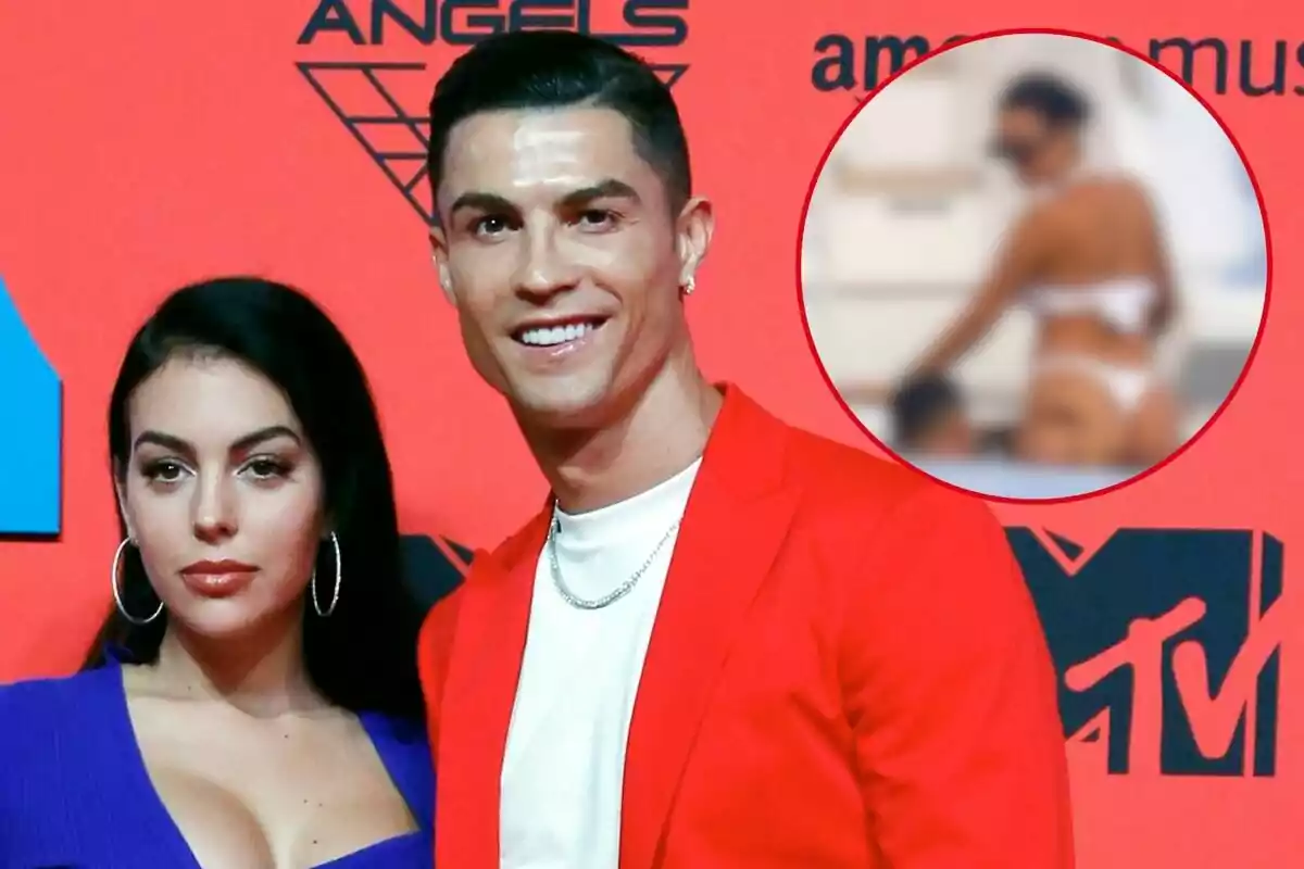 Georgina Rodríguez.y Cristiano Ronaldo posant en un esdeveniment amb un fons vermell i un logotip de MTV.